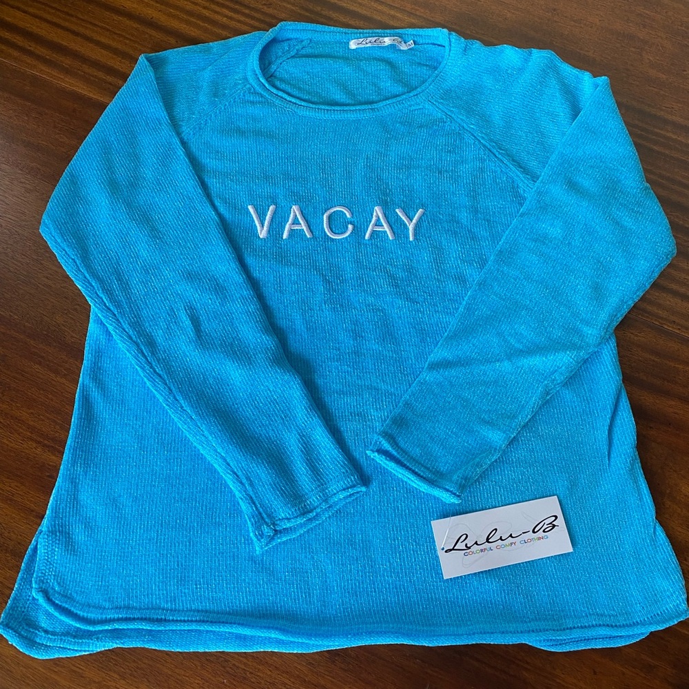 NWT LULU B Soft  Chenille VACAY Embroidered Fleece Sweater Aqua Turquoise Medium